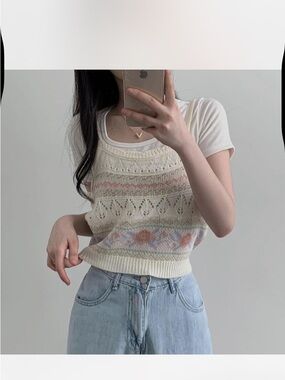 Cream Floral Pattern Knit Tank Top Layered Over White Tee